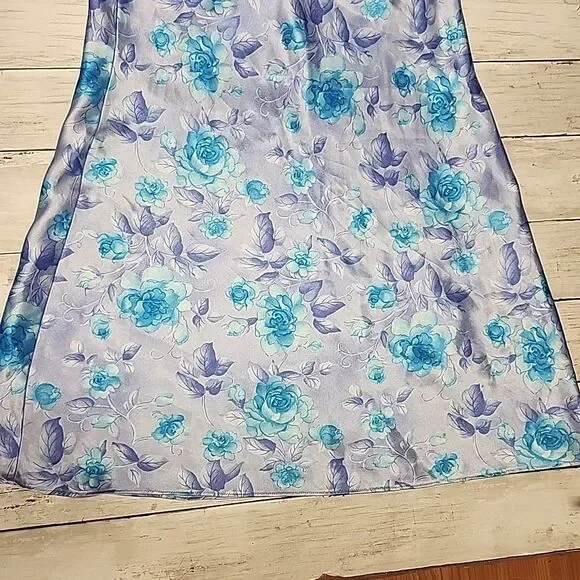 VTG 90sExpressions California Dynasty Blue Satin Floral Strappy Slip Dress Sz M - Picture 12 of 14
